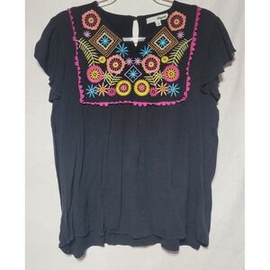 Lilypad Black Embroidered Boho Ruffle Sleeve Blouse Top CKT7922 Womens Large